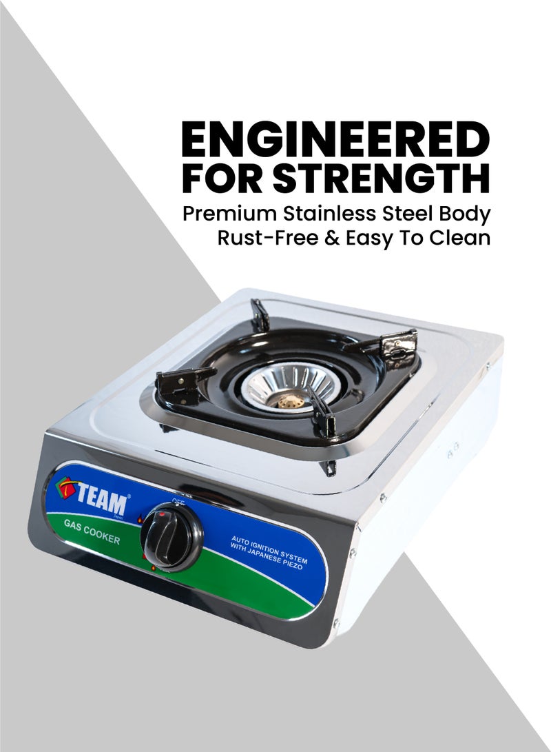 TEAM Single Burner Gas Cooker – Stainless Steel Body, Auto Ignition with Japanese Piezo, Whirlwind Flame, Portable LPG Stove for Home & Outdoor Cooking - Image 3